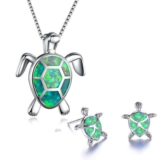Ensemble collier et boucles d'oreilles tortue marine en opale et argent