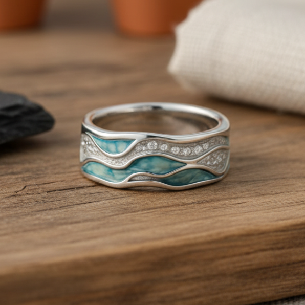 Bague Turquoise et Vagues Argentées