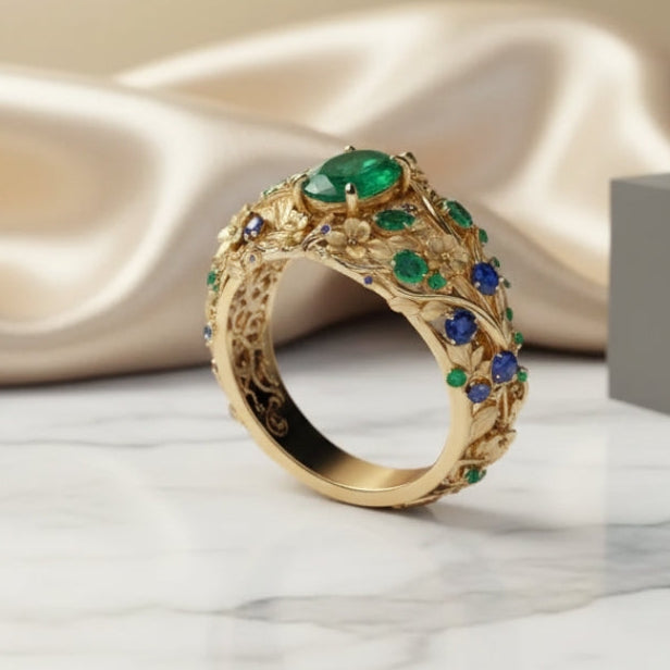 Bague en or avec cristaux verts et bleus