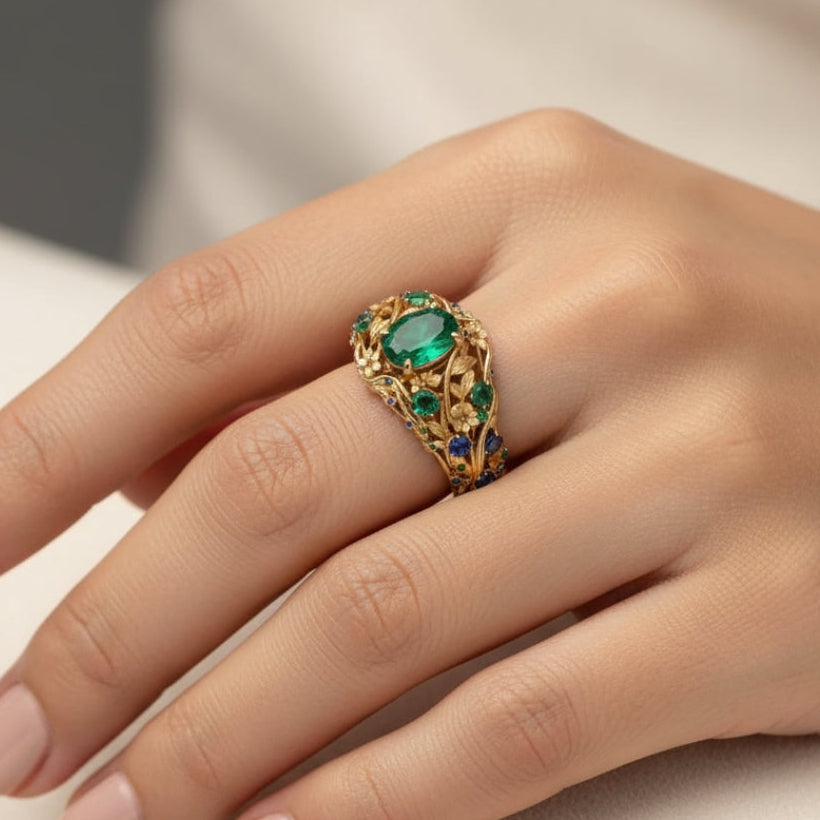 Bague en or avec cristaux verts et bleus