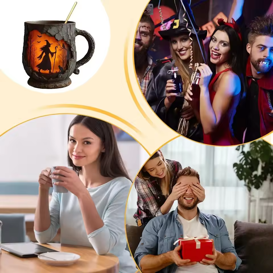 Háromdimenziós kézzel készült Halloween-üveg – Boszorkány és macska rajzzal