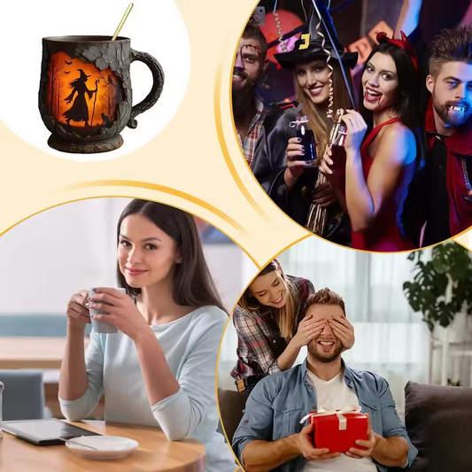 Háromdimenziós kézzel készült Halloween-üveg – Boszorkány és macska rajzzal